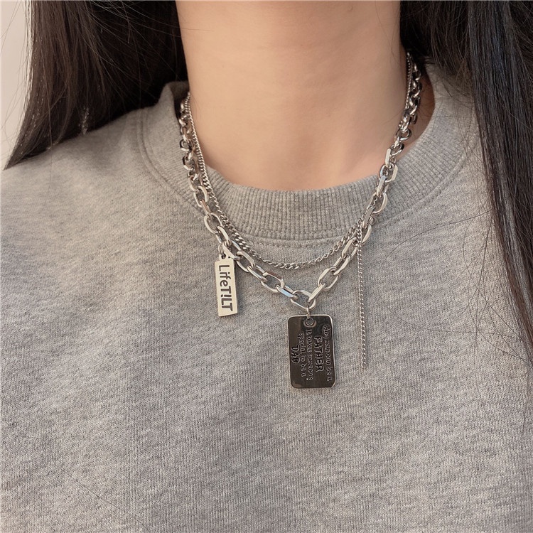 Dây chuyền 19501 nhiều lớp dày mặt vuông khắc chữ thời trang dành cho nam và nữ