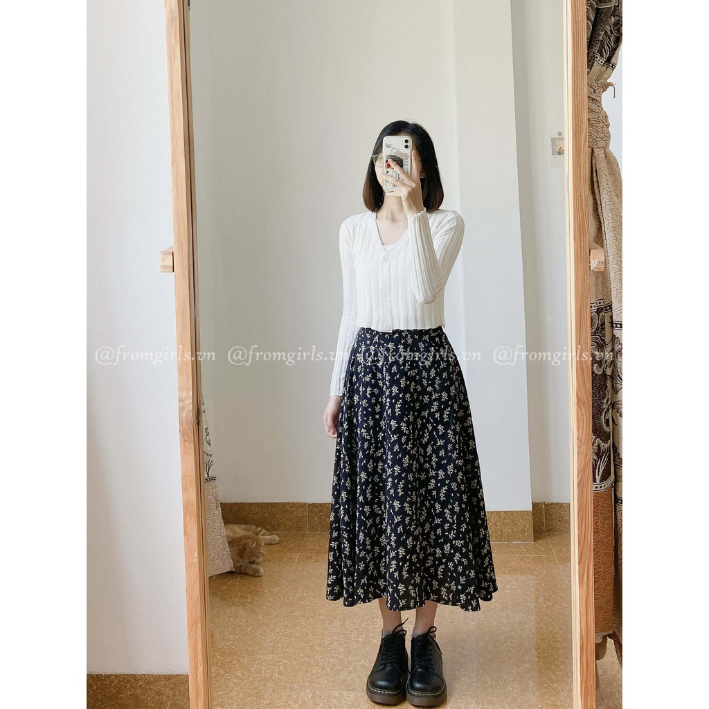 Chân váy hoa nhí, chân váy midi hoa cỏ cạp chun sau vintage - CV07FG BROWN