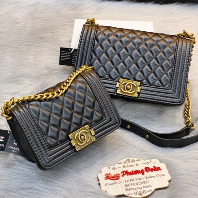 Túi Boy trần ô trám trơn da mịn size 20-25 khoá đồng (ko hộp)