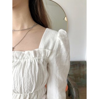 JANET STUDIO • Áo cổ vuông 3 thun eo trắng