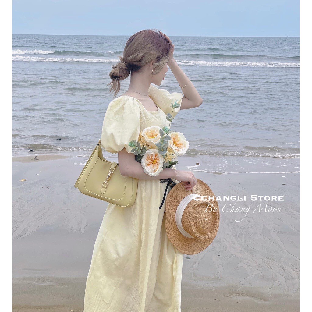 Đầm babydoll cổ vuông dáng dài tay bồng - Váy maxi dáng dài đi biển chất đũi xốp tiểu thư