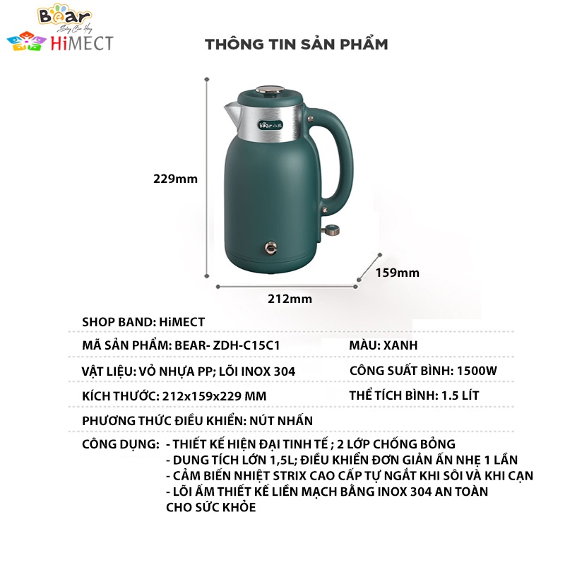 Ấm Siêu Tốc Bình Đun Nước Siêu Tốc Pha Sữa Mini Đẹp Bear  ZDH-C15C1 Dung Tích 1.5 Lít,Himect