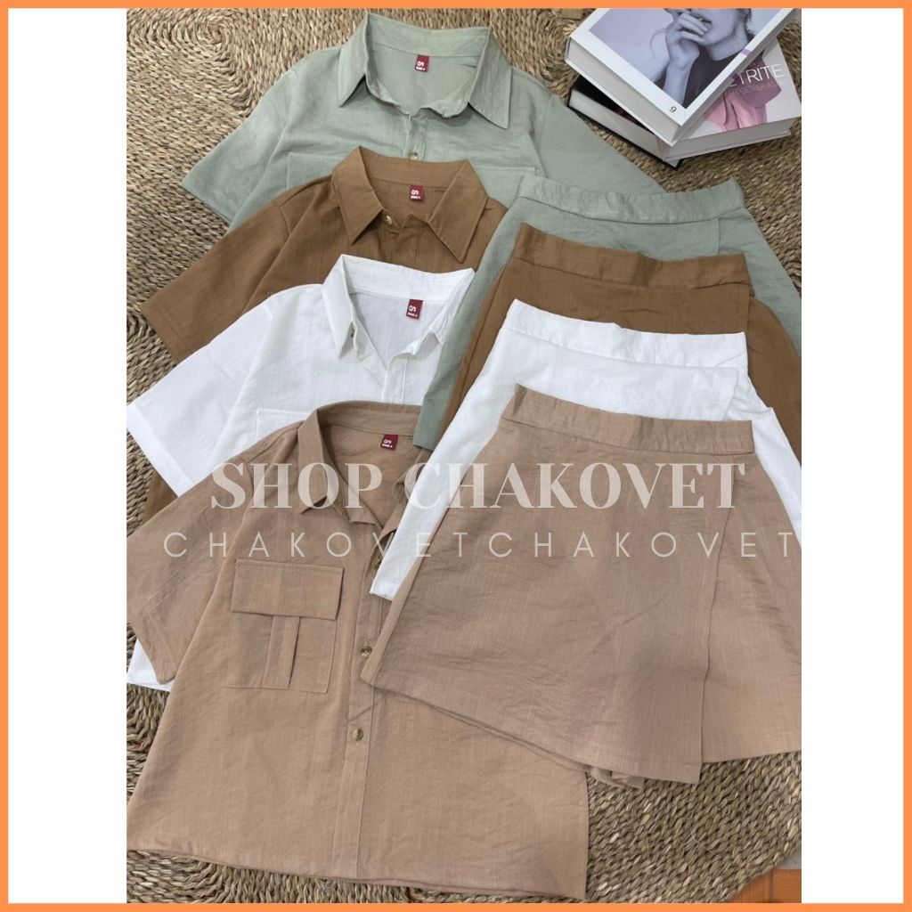 Set đồ nữ mùa hè đi biển S8288, bộ set sơ mi quần đùi giả váy áo cộc tay 2 túi sang chảnh cá tính freesize - CHAKOVET