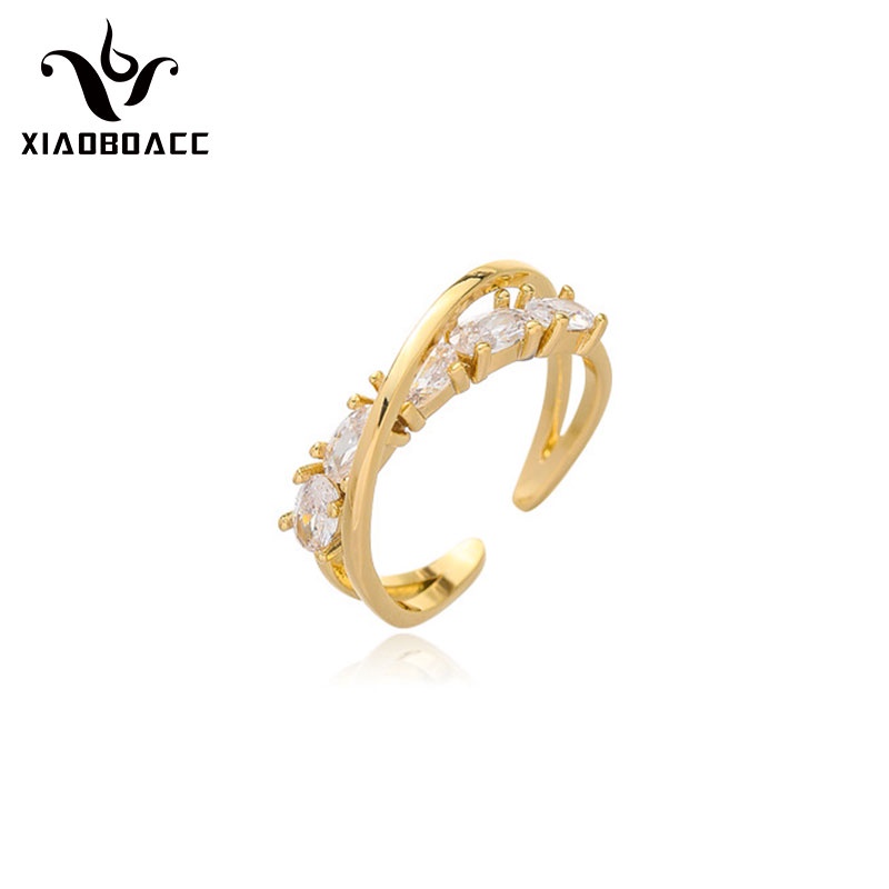 XiaoboACC Nhẫn hở mạ vàng 18K không gây dị ứng đính đá zircon đơn giản