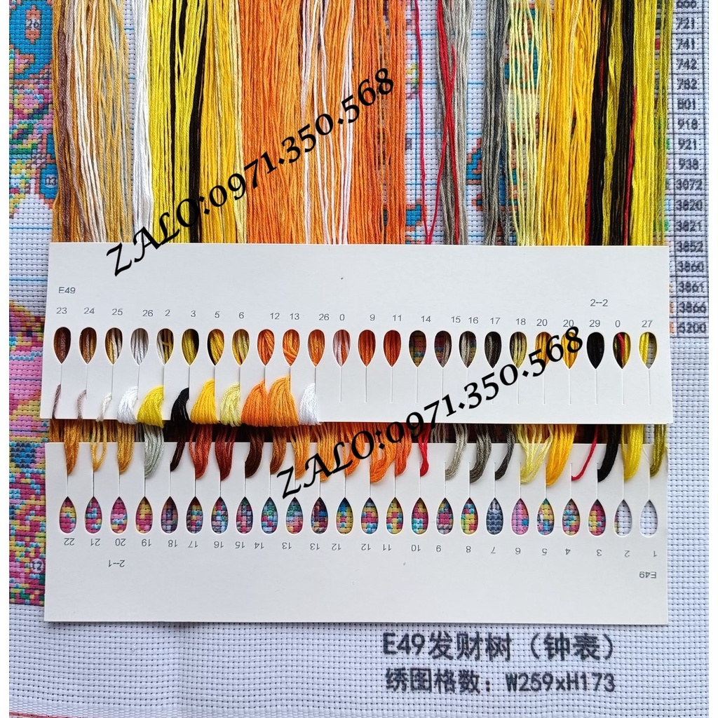 Tranh thêu kín  đồng hồ cây tiền tài lộc E49-70x50cm