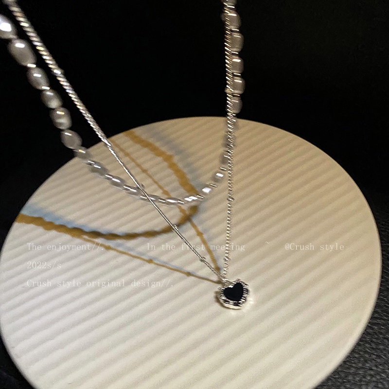 Vòng Cổ Choker Hai Lớp Mặt Trái Tim Đính Ngọc Trai Đen Thanh Lịch Dành Cho Nữ