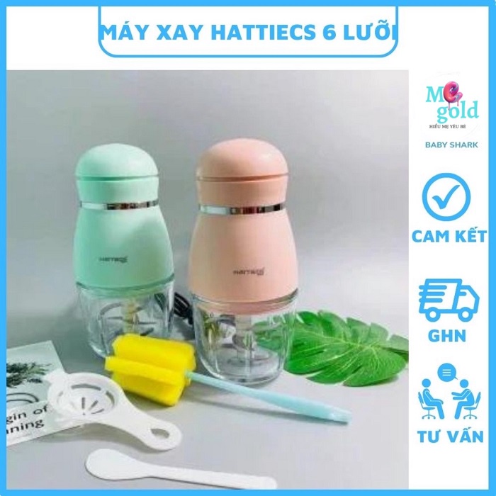 MÁY XAY ĂN DẶM HATTIECS 1 ĐỔI 1-QUÀ TẶNG KÈM 6 LƯỠI DAO, CỐI THỦY TINH 0.3L XAY ĐƯỢC LƯỢNG ÍT THỨC ĂN CHO BÉ