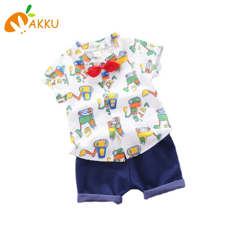 Set Áo Thun Cotton Ngắn Tay Và Quần Short In Hình Xe Xúc Hoạt Hình Cho Bé Trai