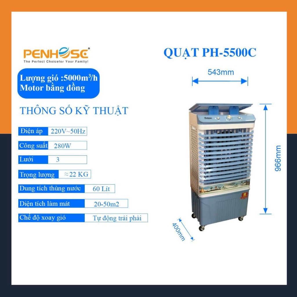 Quạt điều hòa hơi nước công nghiệp PH-5500C Inverter chính hàng (BH 12 THÁNG) - công suất gió 5500m3/h