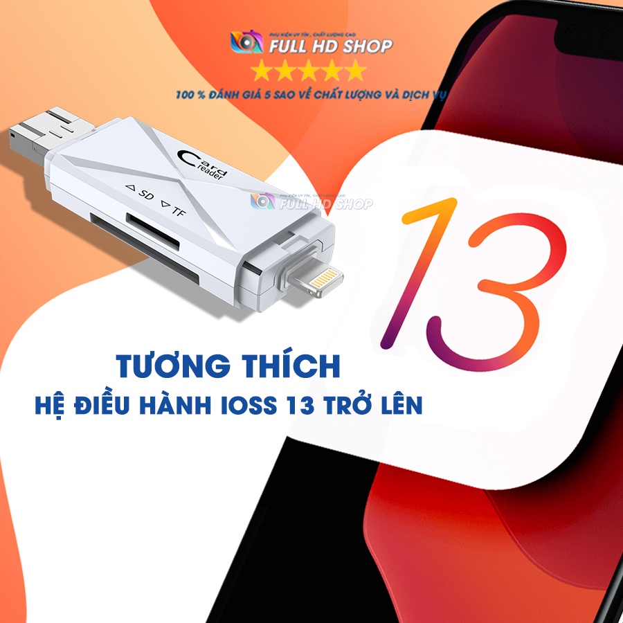 Đầu Đọc Thẻ Nhớ iPhone, Android, Máy tính - Hỗ trợ thẻ SD/Micro SD - Cổng USB/Lightning/Micro USB - Full HD Shop Mã HD12