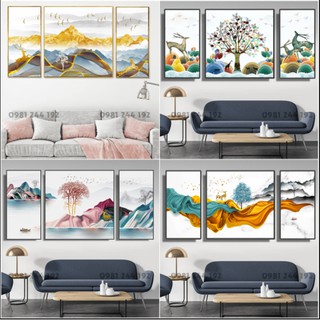Tranh treo tường canvas cao cấp có viền, bộ 3 bức -  tranh huơu trang trí phòng khách phòng ngủ spa | 3H