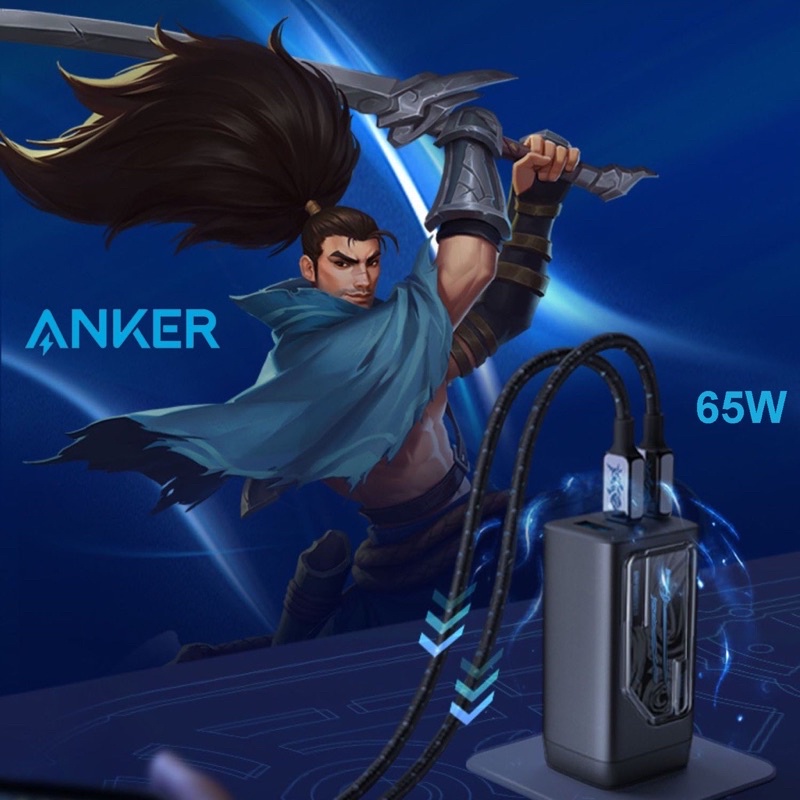 Sạc Anker PowerPort III 3 Cổng 65W ( 2 Usb C+ 1 Usb A) hỗ trợ PD/PPS - Mã A9521 phiên bản Yasuo Liên Minh Huyền Thoại