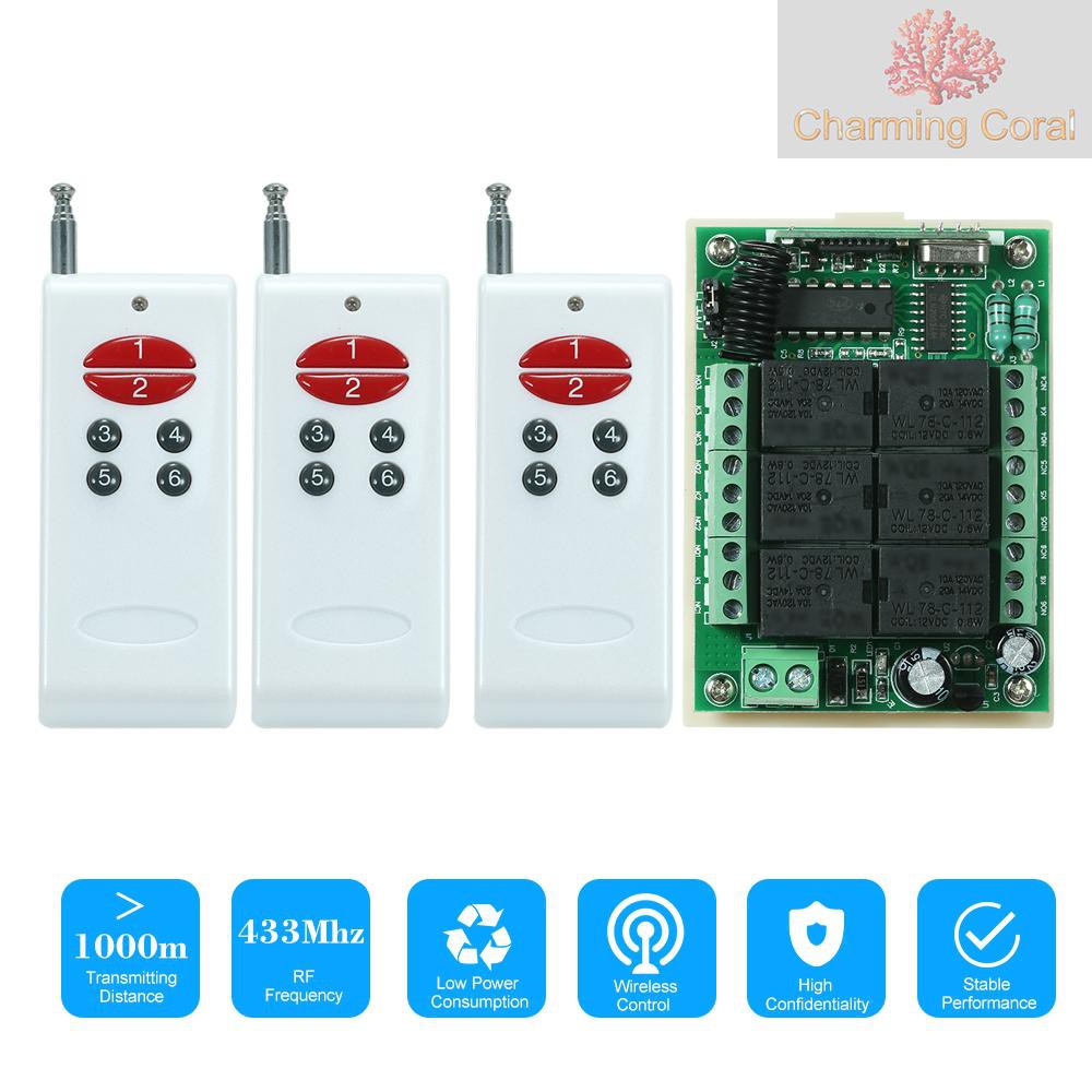 CTOY 433Mhz DC 12V 6CH Channel Universal 10A Relay Wireless RF Remote Control Switch Receiver Module and 3PCS 6 Key RF 433 Mhz Transmitter Fixed Code (2262 Chip) Remote Controls Smart Home Automation