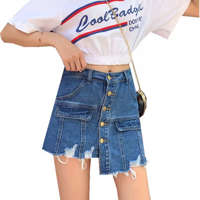 (Order) có bigsize Quần giả váy jeans gấu tua rua lệch phối cúc dọc 2019