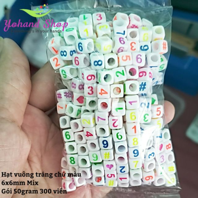 Hạt vuông số màu nền trắng 6x6mm ( gói 50gram)