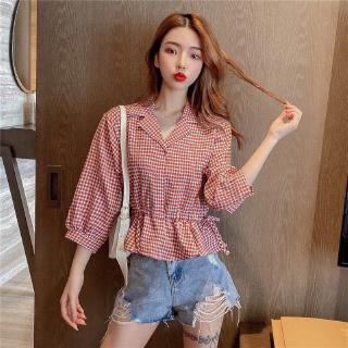 Áo sơ mi tay ngắn cổ chữ v họa tiết sọc caro trẻ trung