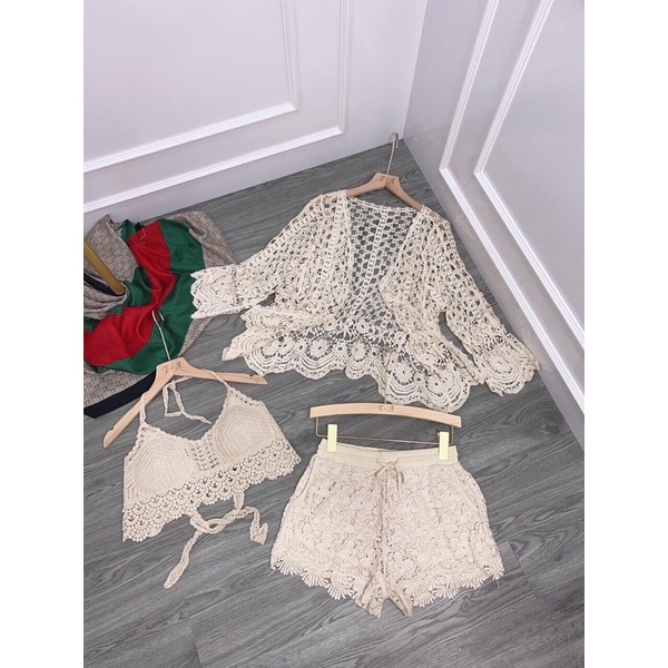 Bikini đồ bơi nữ đi biển len đồng xu mix quần len đai thun