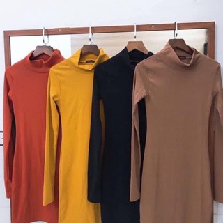 Đầm cổ lọ tay dài dáng ngắn ôm body thun bozip