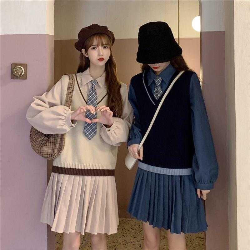 Set đầm tay dài dáng rộng thiết kế kiểu chân váy tennis + cà vạt ca rô + áo ghi lê dáng rộng thời trang