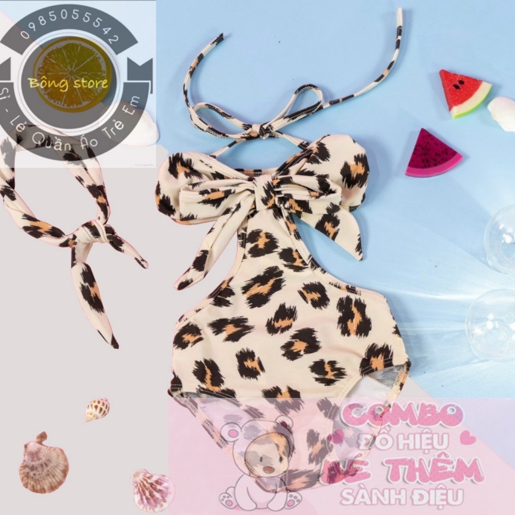 Bộ bơi liền thân khoét eo đính nơ kèm tuban cho bé gái hàng chuẩn thiết kế