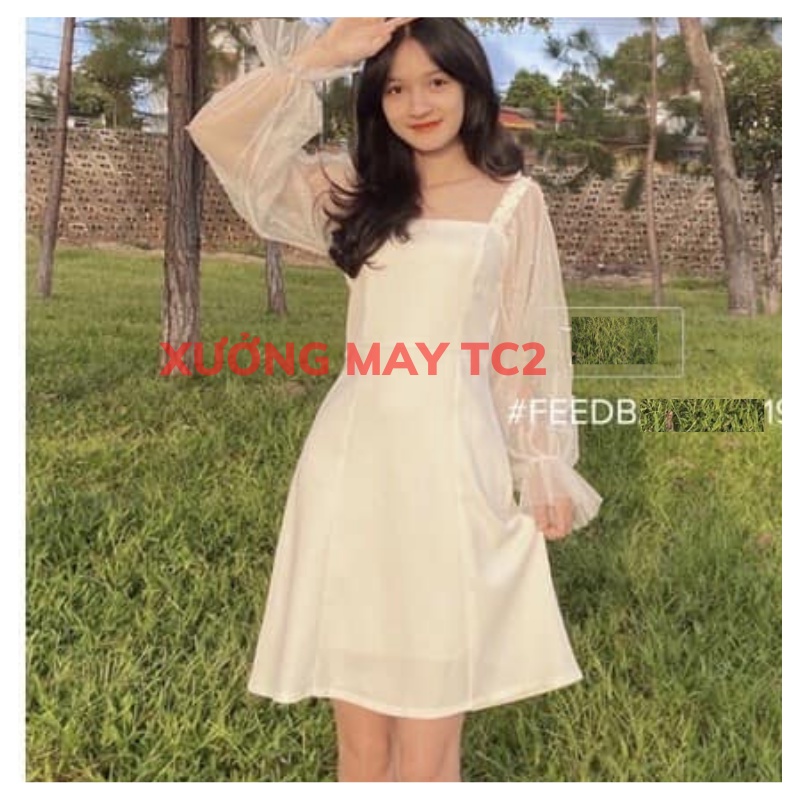 Váy trắng đính ngọc dài tay Đầm dự tiệc dáng xoè ulzzang (Ảnh thật) phuong cách tiểu thư dự tiệc XƯỞNG MAY TC2 - Hàng m