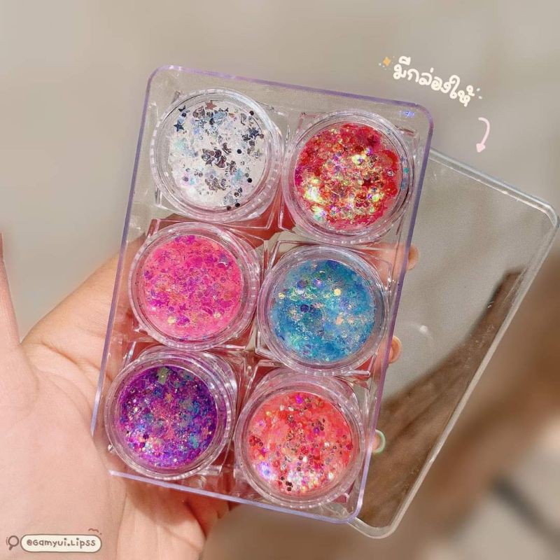 ✨ Hộp Gel Nhũ Hạt Sequin 6 Ô For Party Siêu Long Lanh Kèm Cọ 2 Đầu