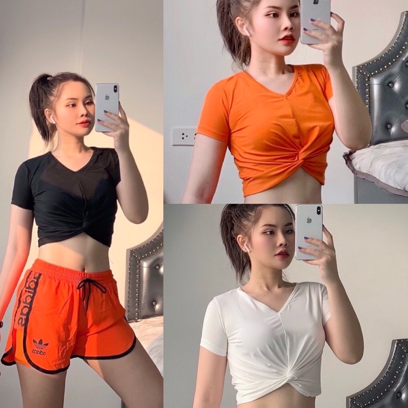 ÁO CROPTOP CỘC TAY XOẮN EO TẬP GYM,AEROBIC, YOGA,ZUMBA NỮ