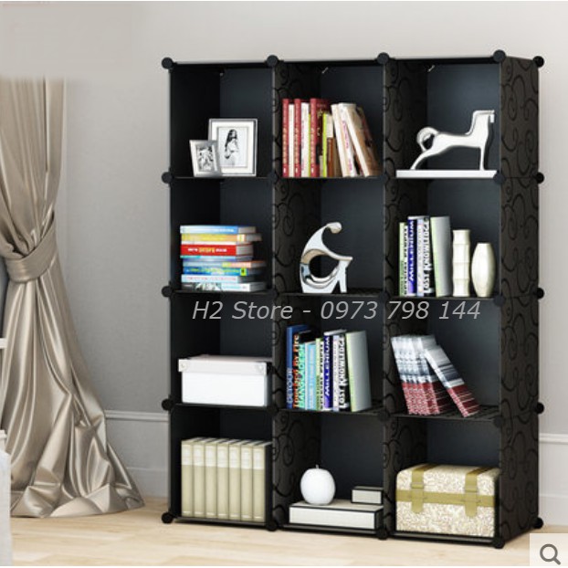 TỦ TRANG TRÍ LẮP GHÉP THÔNG MINH ĐỂ ĐỒ NHỎ GỌN 12 Ô CỬA VÁCH ĐEN ĐA NĂNG sâu 37cm