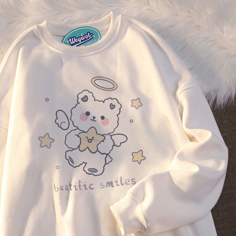 Áo sweater tay dài cổ tròn dáng rộng in họa tiết đơn giản phong cách Hàn Quốc dễ thương cho nữ