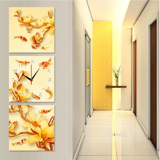 Tranh đồng hồ bộ ghép cửu ngư quần tụ sen vàng Q16-31