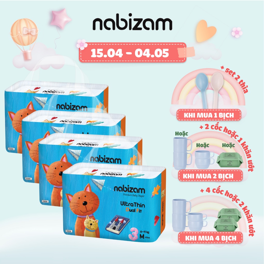 Combo 4 Tã/Bỉm Quần Nabizam UltraThin Nội Địa Hàn Cao Cấp Mỏng Vượt Trội, Thấm Hút Và Chống Tràn Size M/6-11kg/32 miếng