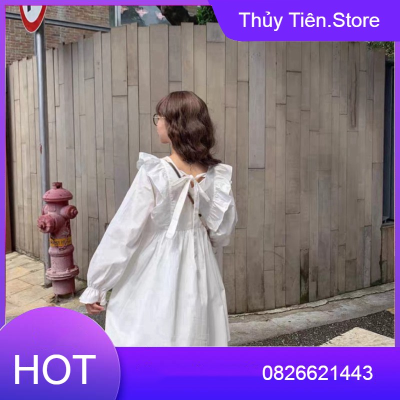 LOLI DRESS - VÁY BABYDOLL BÈO DÀI TAY TIỂU THƯ THƯ VIỀN DÂY NƠ MẶC 2 KIỂU TRƯỚC SAU - VÁY ĐẦM NỮ PHỐI BÈO BO GẤU TRẮNG Đ