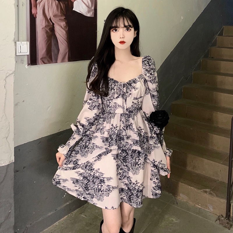 Đầm tay dài in hoa thời trang mùa thu Pháp 2021