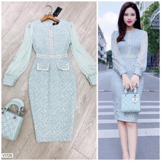 VÁY XỐP BODY MÀU XANH NGỌC PHA TAY TƠ CHO NỮ