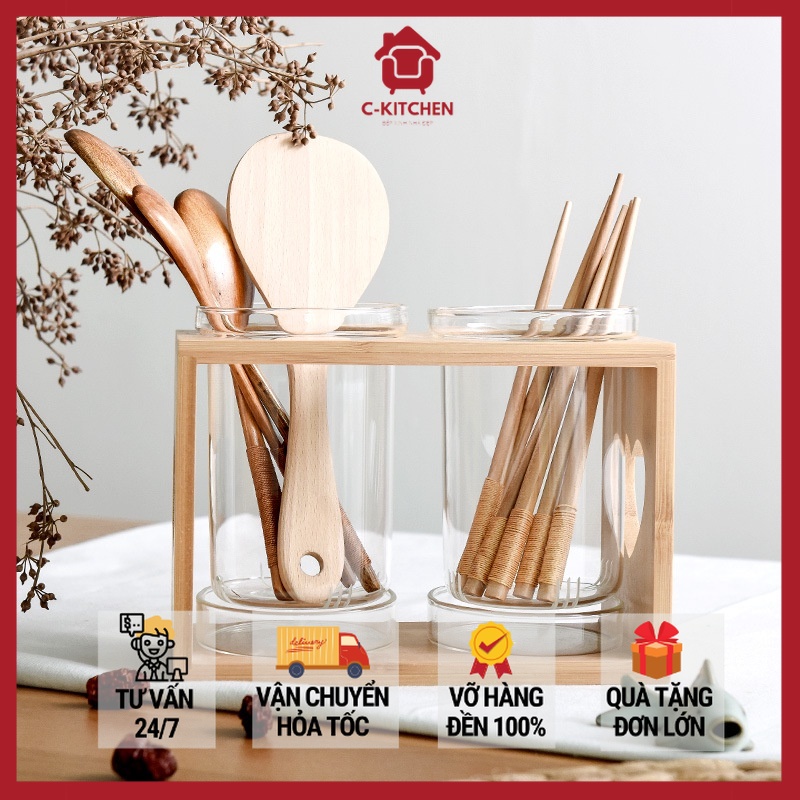 Khay kệ để đũa chất liệu gốm sứ kèm khay gỗ phong cách Nhật Bản [CKITCHEN_Bếp Xinh Nhà Đẹp]