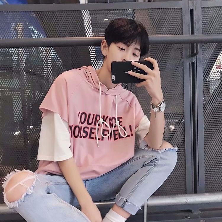 Áo Thun Tay Ngắn Giả Hai Lớp Có Nón Thời Trang Mùa Hè Phong Cách Hàn Quốc Cho Nam 5-Quarter