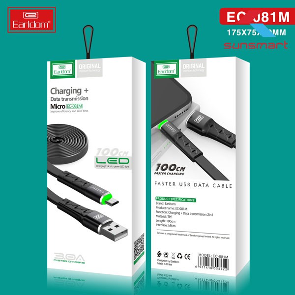 Cáp sạc nhanh 2m cao cấp EARLDOM EC-081 3.0A có đèn báo LED bảo hành 1 đổi 1 trong 12 tháng