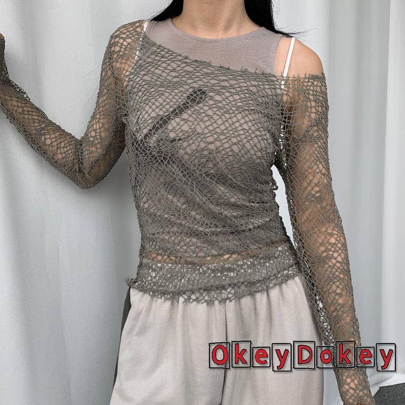 Áo Thun Nữ Tay Dài Hở Vai y2k Họa Tiết Học Viện Mỹ Thuật Màu Tối Cá Tính