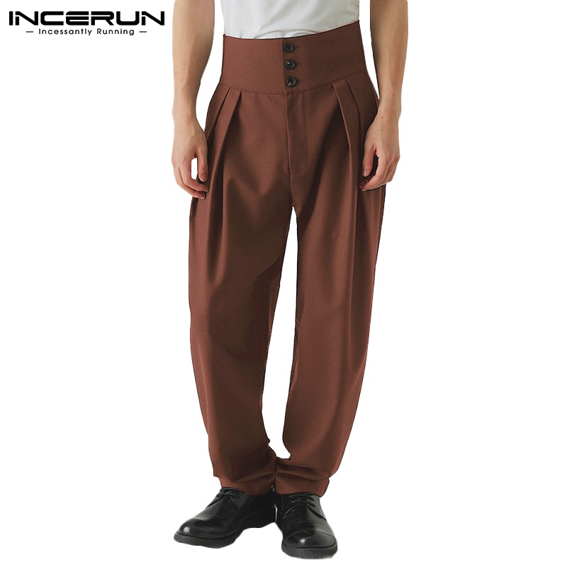 Quần dài nam INCERUN lưng cao màu trơn dáng suông rộng có nút cài phong cách cổ điển