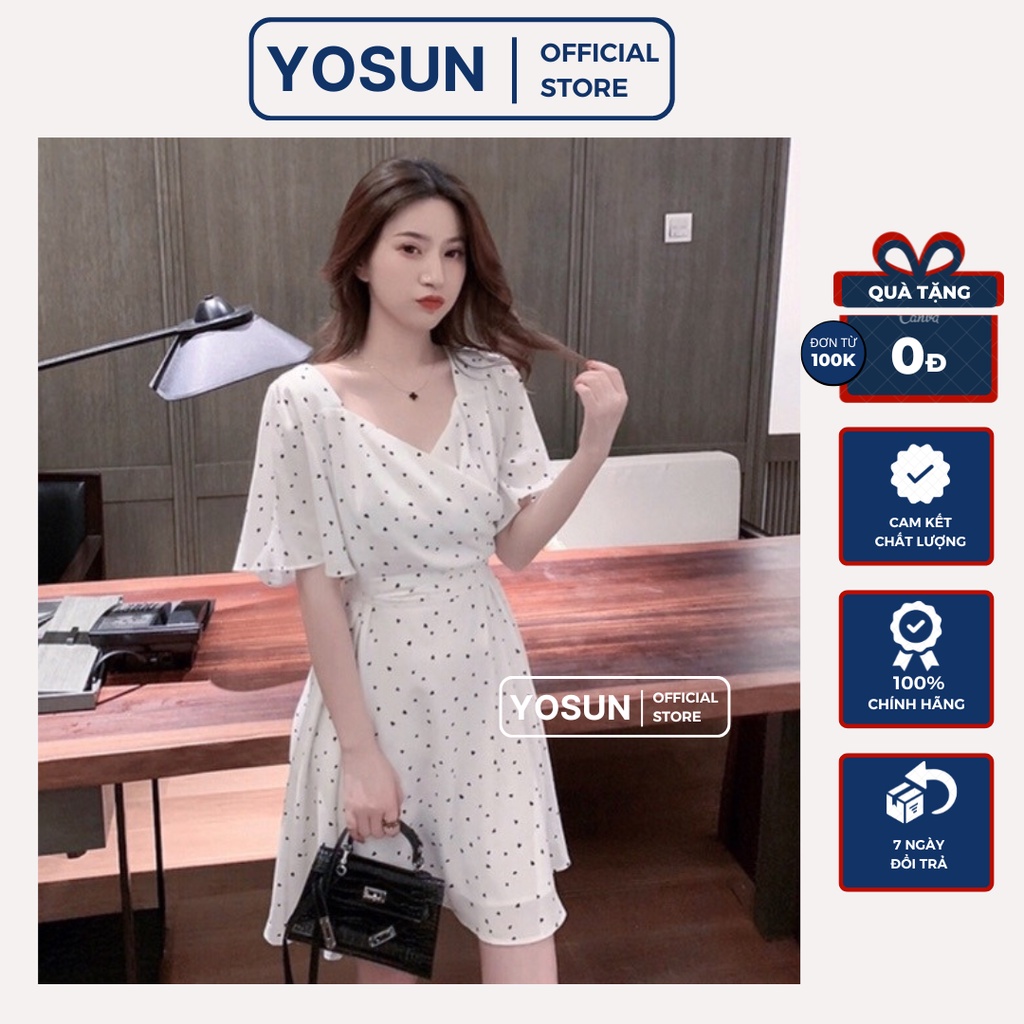 Đầm Nữ Đi Hẹn Hò Cổ Tim Tay Lỡ Bèo Bo Eo Xinh Xắn, Đầm Nữ Form Xòe Chấm Bi Màu Trắng