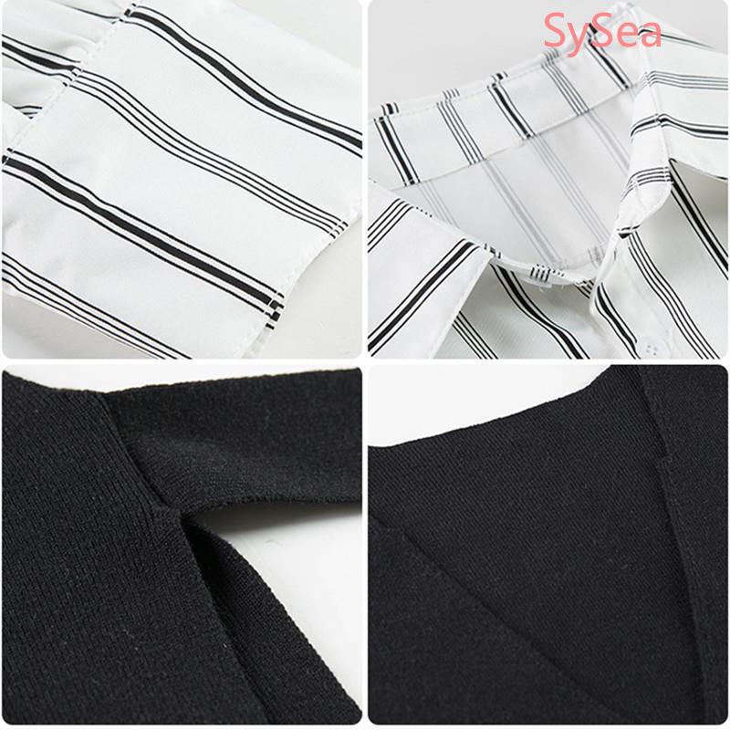 Set áo sơ mi cổ bẻ kẻ sọc dọc + áo len không tay phong cách Hàn Quốc cho nữ