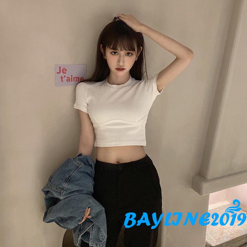 Áo Thun Ngắn Tay Cổ Tròn Màu Sắc Đơn Giản Dành Cho Nữ