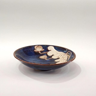 Đĩa salat sâu lòng gốm sứ Bát Tràng cao cấp men hoả biến xanh khắc sen chìm