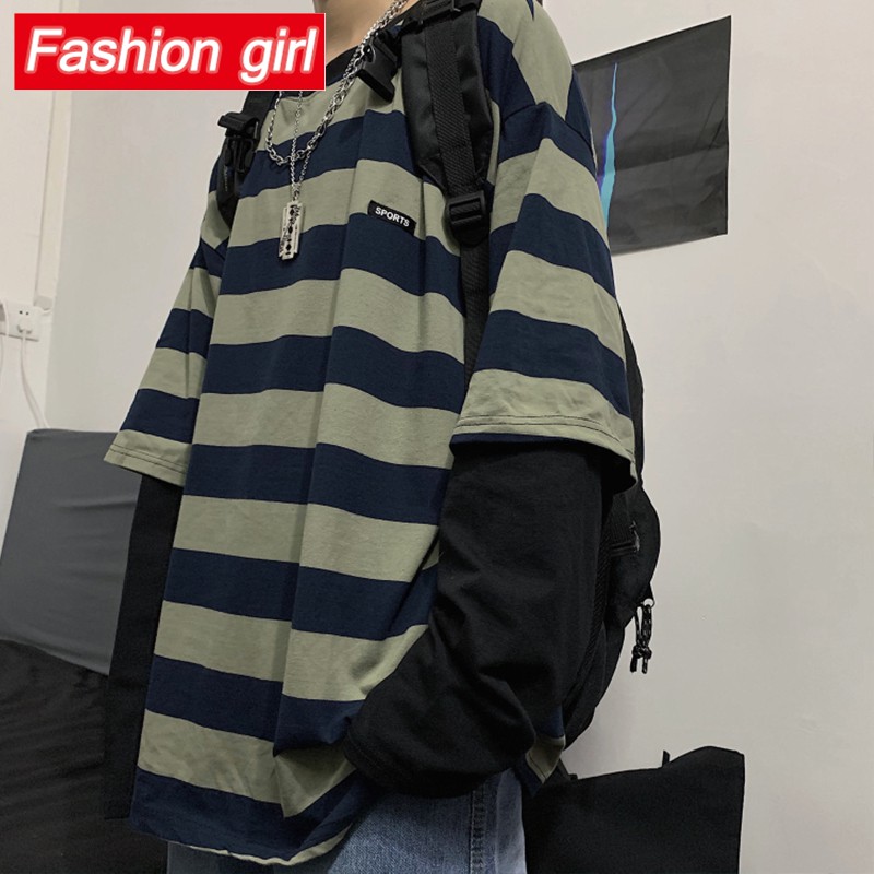 Áo Thun Tay Dài Giả Hai Lớp Phong Cách Harajuku Hàn Quốc Cho Nam Nữ