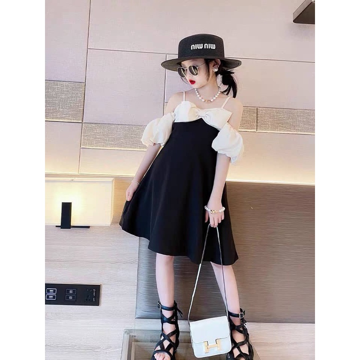 Váy nơ 2 dây trễ vai siêu đáng yêu cho bé gái