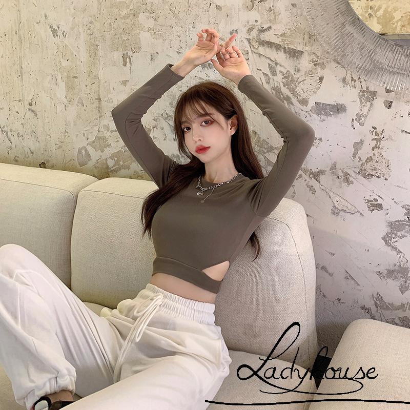 Áo Thun Crop Top Tay Dài Cổ Tròn Màu Trơn Khoét Eo Thời Trang Xuân Hè Cho Nữ