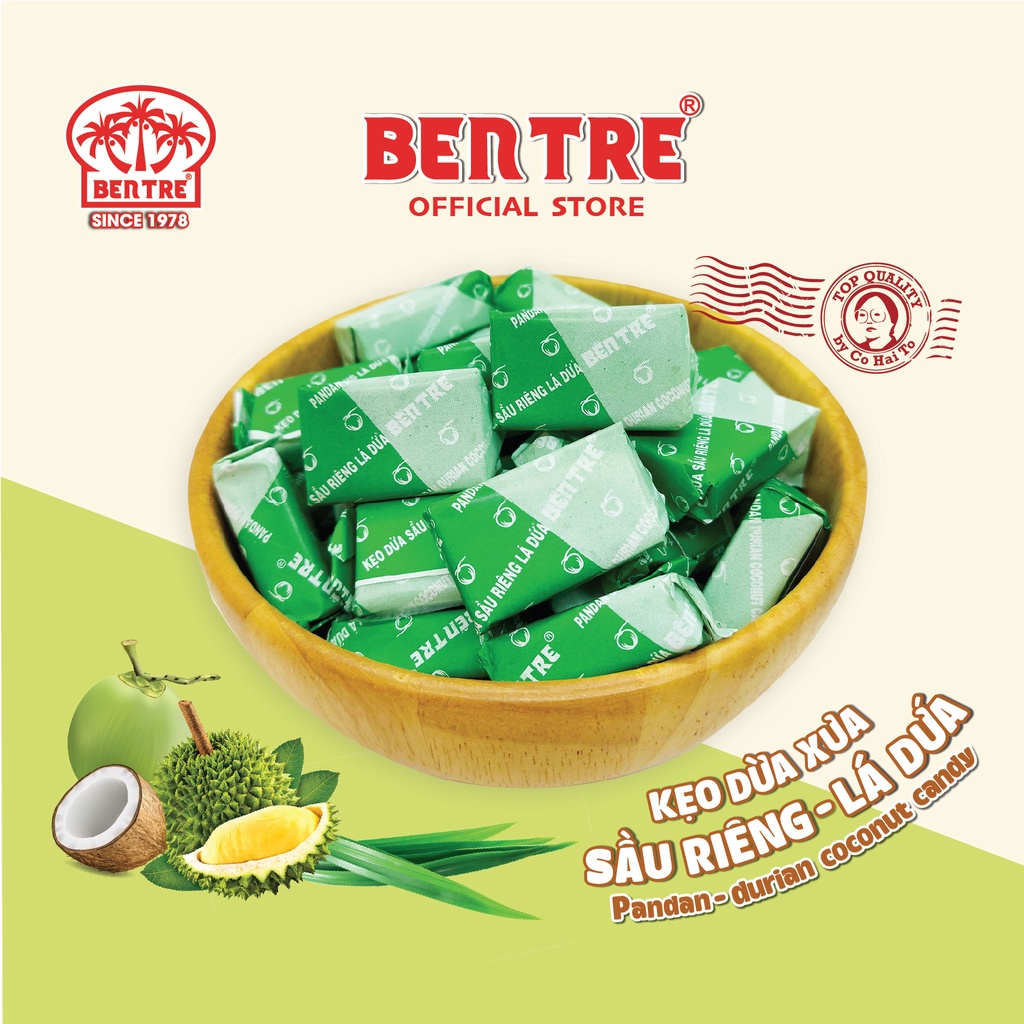 Kẹo Dừa Xưa vị Sầu Riêng Lá Dứa chính hiệu Bến Tre Cô Hai Tỏ 300g, 500g