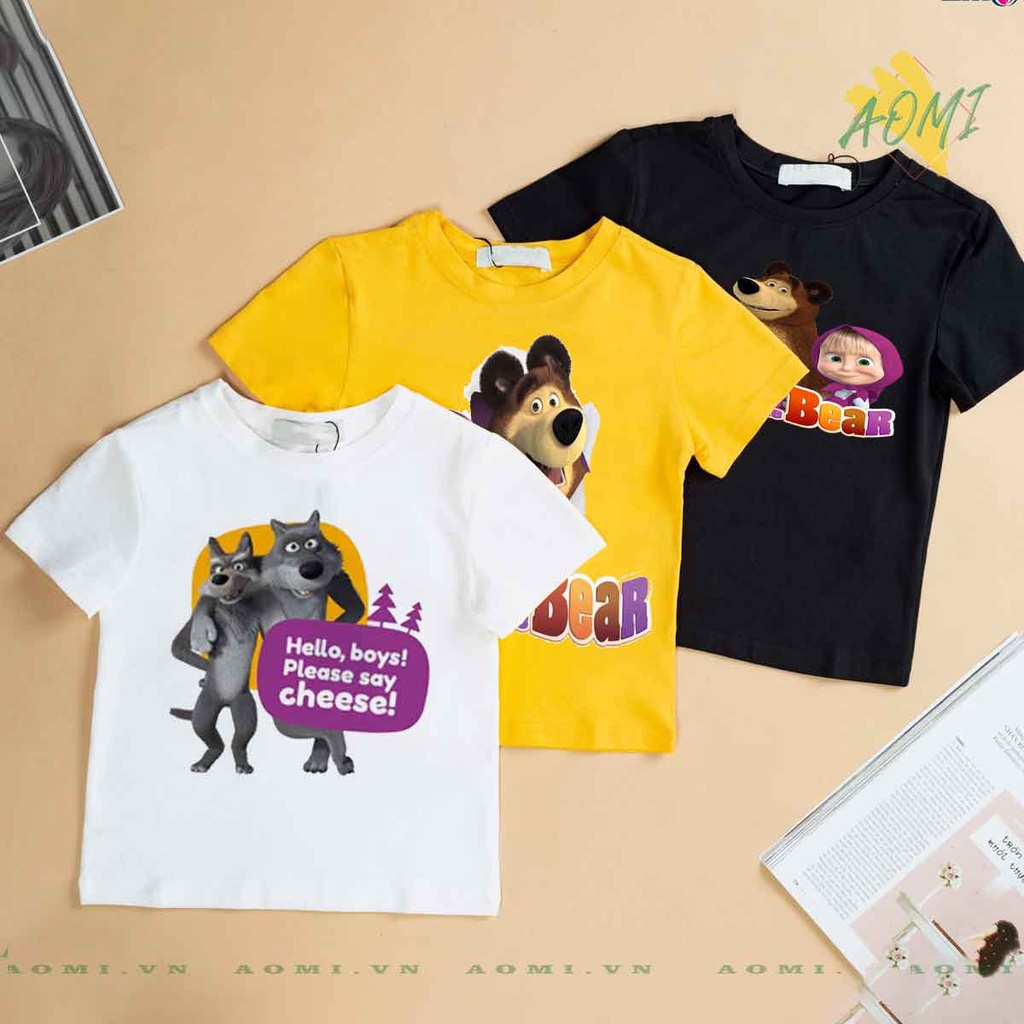 ÁO THUN UNISEX masha and bear gấu nâu PHÔNG VÀNG TAY NGẮN NAM NỮ GIA ĐÌNH CẶP ĐÔI SIZE TRẺ EM BÉ TRAI GÁI AOMIVN