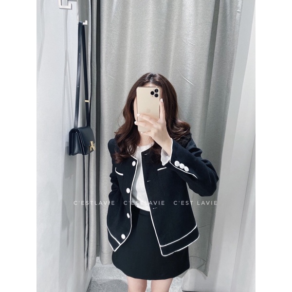 Áo tweed đen viền trắng cúc bọc | BigBuy360 - bigbuy360.vn