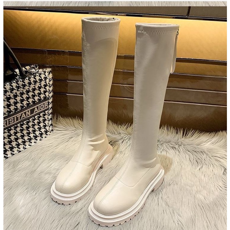 Bốt đùi cao cổ WOMENSTORY lót nỉ giày Boots nữ da PU mềm đế răng cưa 5 cm boot khóa sau thời trang mùa đông 110